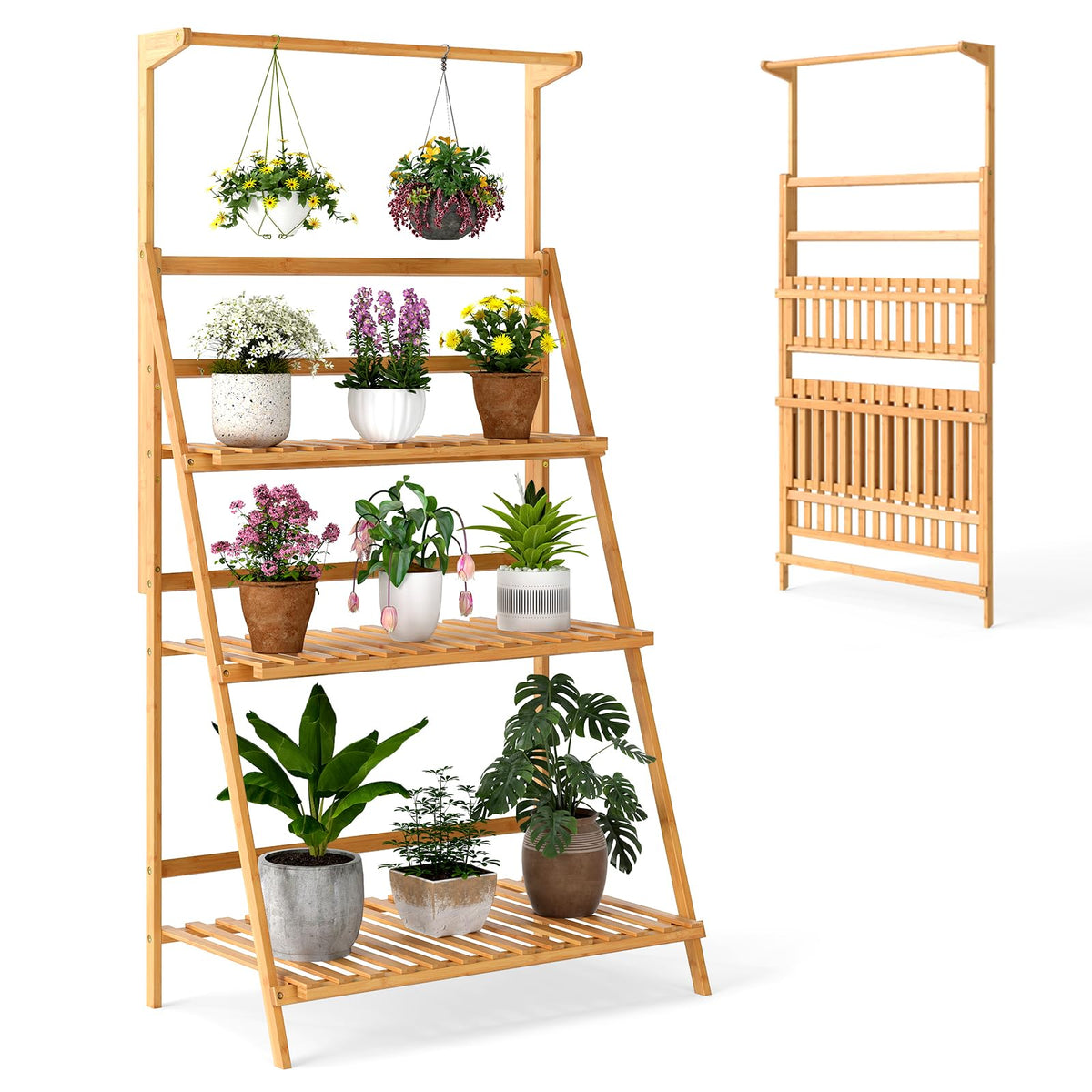 3 Tier Bamboo Ladder Plant Pot Stand with Height Adjustable Hanger Rod