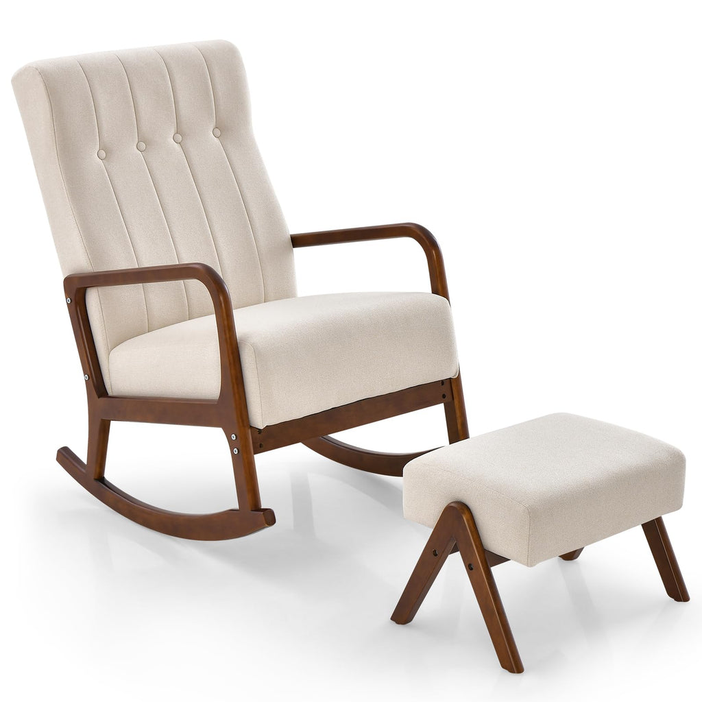 Giantex Rocking Chair with Ottoman, Upholstered Fabric Rocker with Sol ...