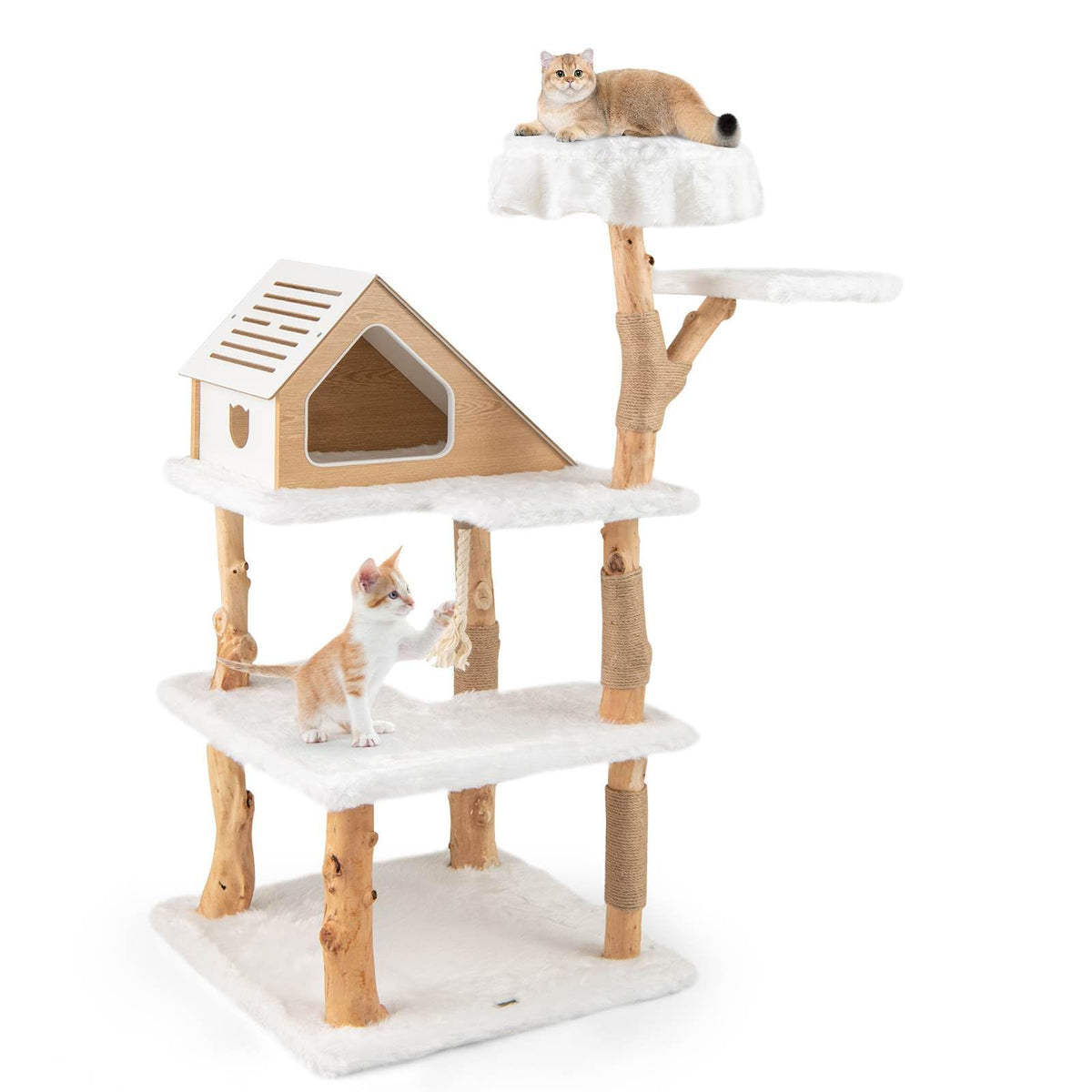 150cm Tall Solid Wood Cat Tree, Modern Wooden Cat Tower w/ 2 Perches