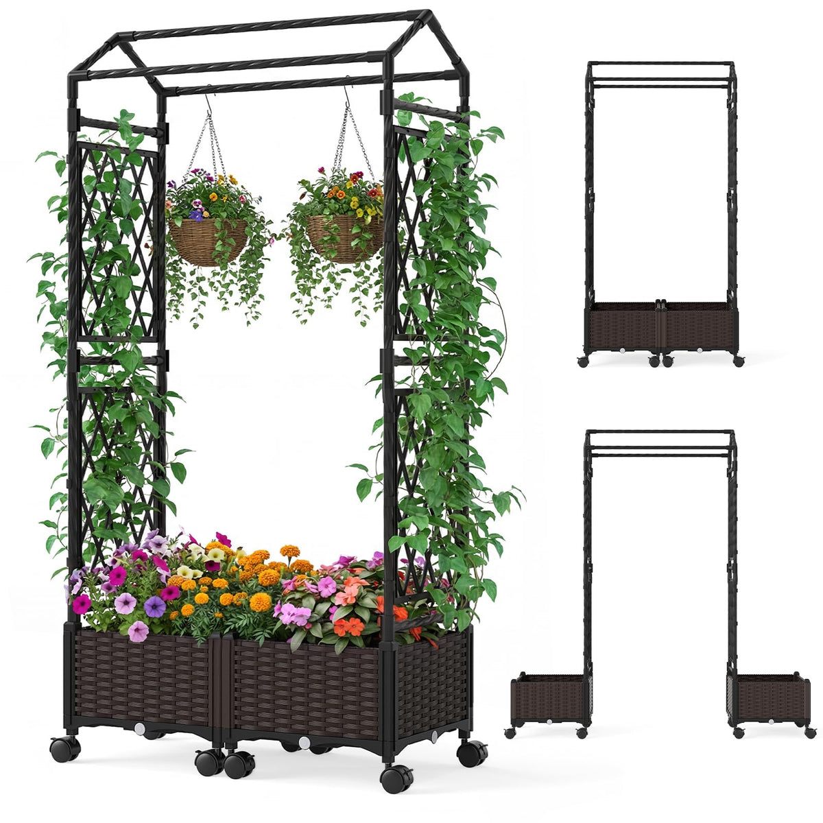 163cm Tall Self-Watering Planter Boxes with Lattice Trellis and Roof