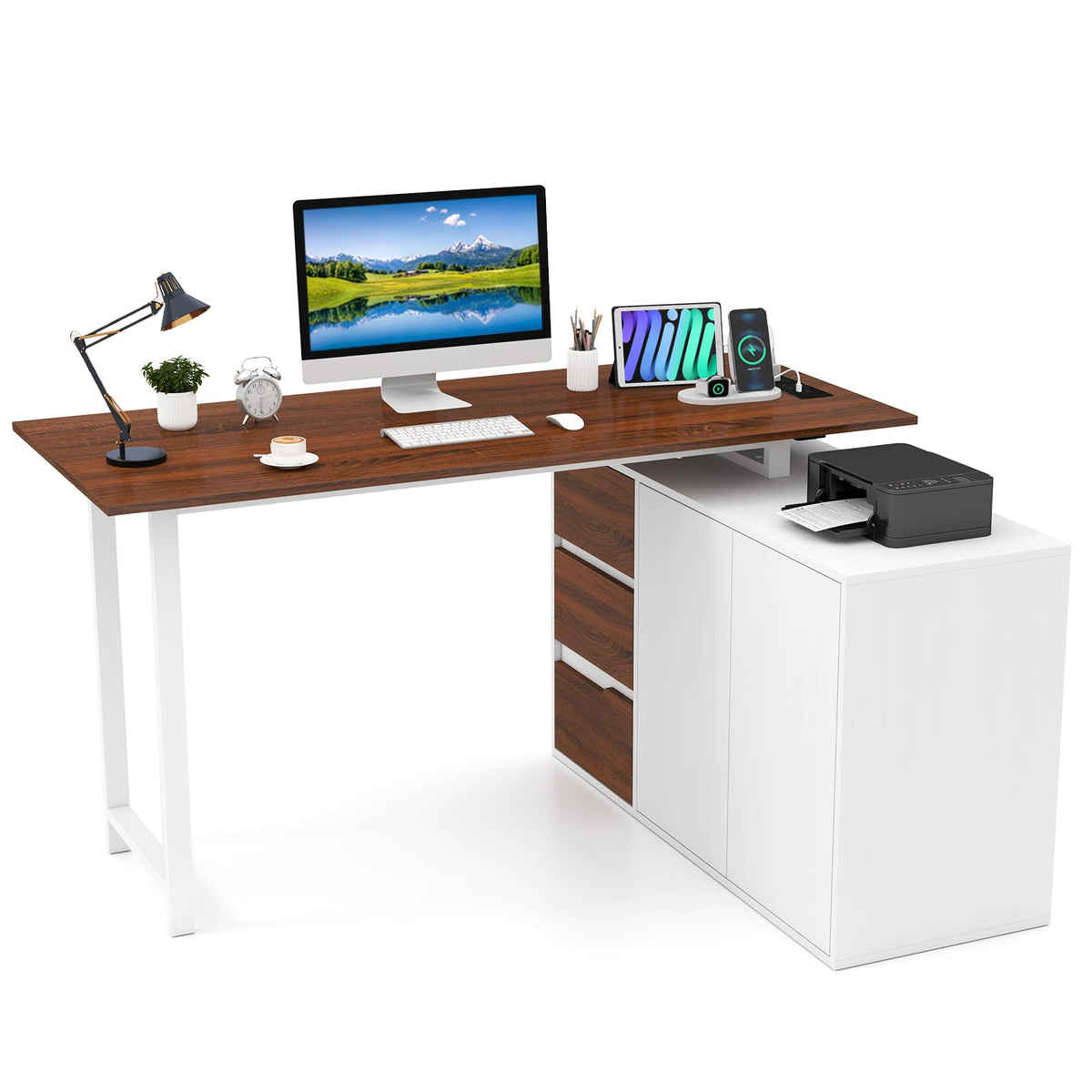 Giantex L-Shaped Desk with File Cabinet & Power Outlet, 138 cm Reversible Corner Computer Desk with 3 Drawers