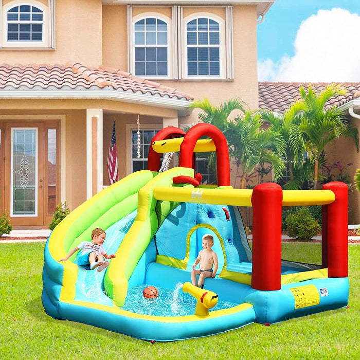 6 in 1 Inflatable Water Slide Water Park, Kids Jumping Castle Splash Pool w/Climbing Wall