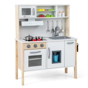 Kids Kitchen Playset, Wooden Pretend Play Kitchen w/Microwave, Range Hood