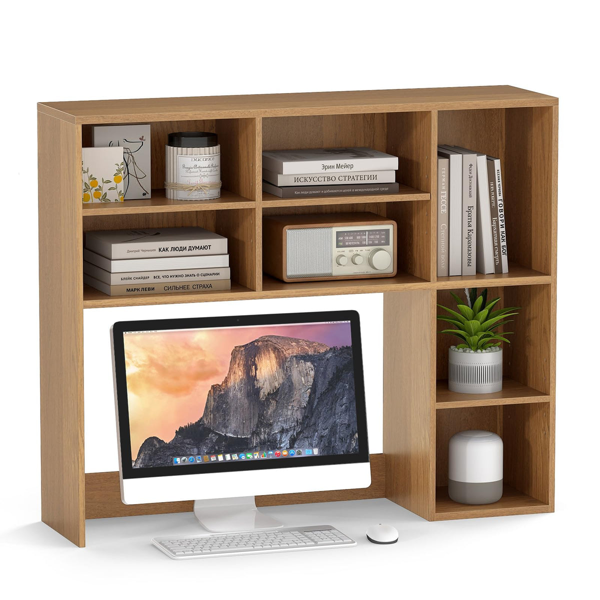 Desktop Bookshelf, Desk Hutch with 3 Adjustable Shelves & Open Compartment