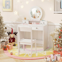 Kids Vanity Set with Mirror, Princess Makeup Dressing Desk and Chair Set with Mirror, Open Shelf and 4 Storage Drawers, Pretend Play Vanity Table Set (White)