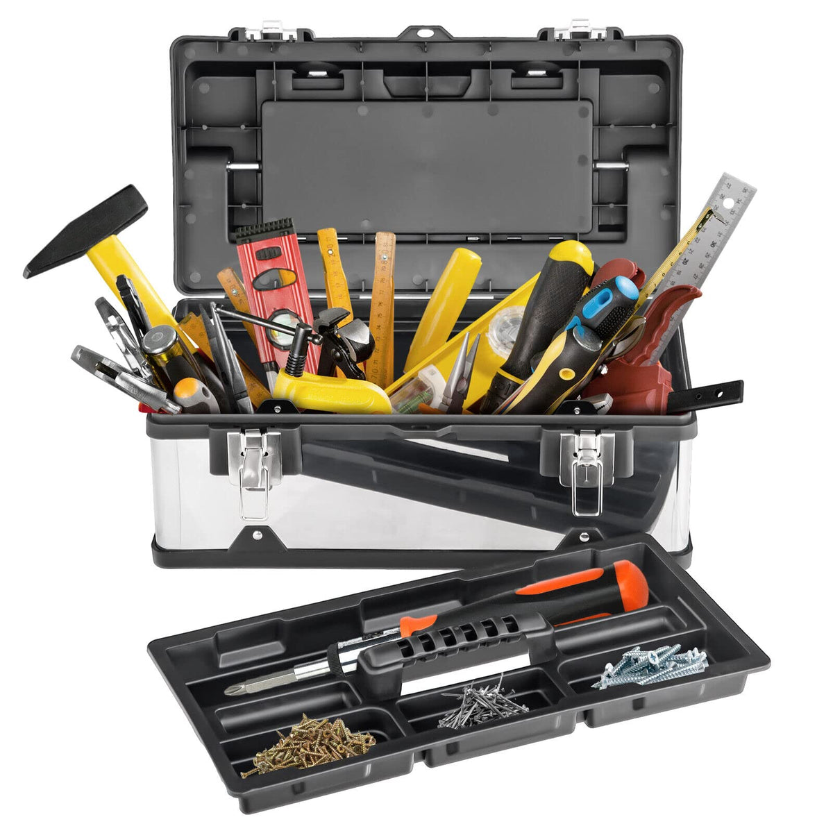 45 cm Tool Box, Lockable Storage Toolbox with Removable Tray, Multiple Compartments Lid