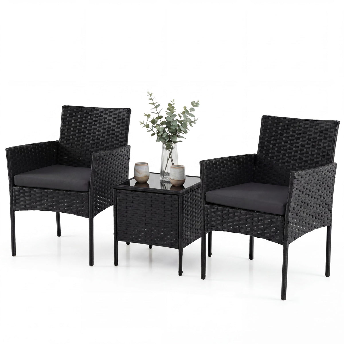 PE Rattan 3-Piece Patio Bistro Set with Tempered Glass Table