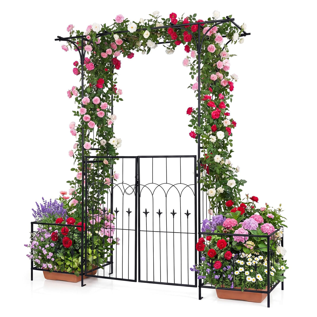 Garden Arch Trellis with Gate and Planter Boxes, 206cm Heavy Duty Metal Arbor