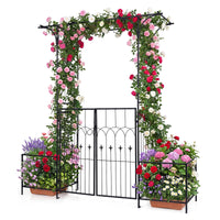 Garden Arch Trellis with Gate and Planter Boxes, 206cm Heavy Duty Metal Arbor
