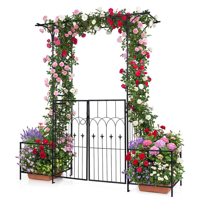 Garden Arch Trellis with Gate and Planter Boxes, 206cm Heavy Duty Metal Arbor