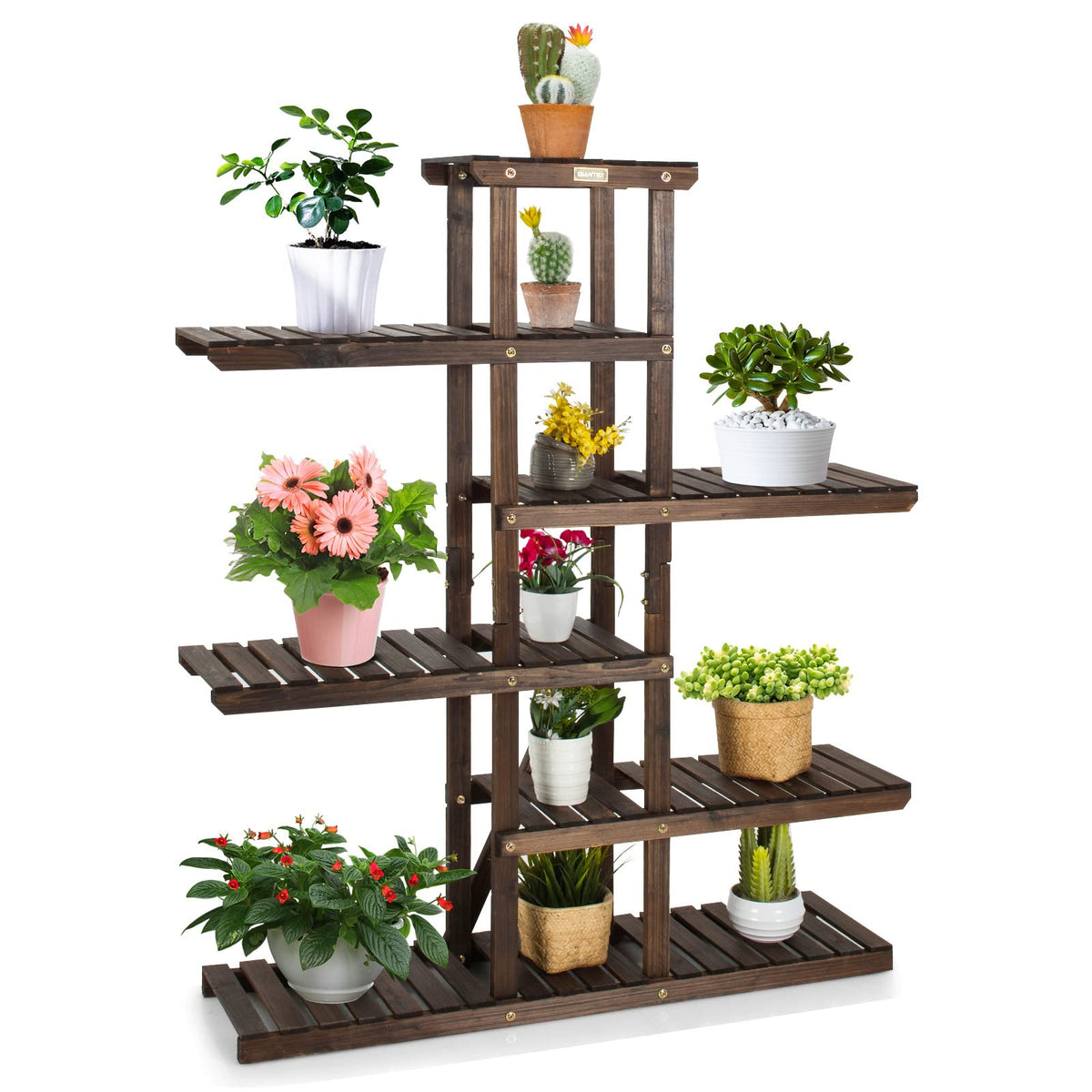 Giantex 6-Tier Wooden Plant Stand for Indoor & Outdoor, 12 Potted Plant Display Holder Carbonized Fir Wood