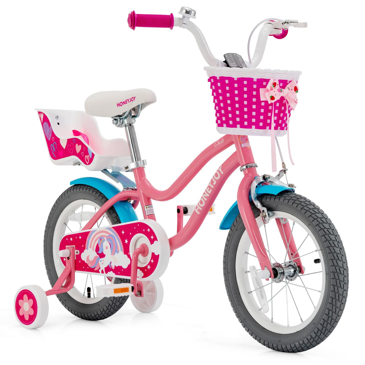 14" Kids Bicycle w/Training Wheels & Front Handbrake, Kids Bike with Doll Seat & Basket