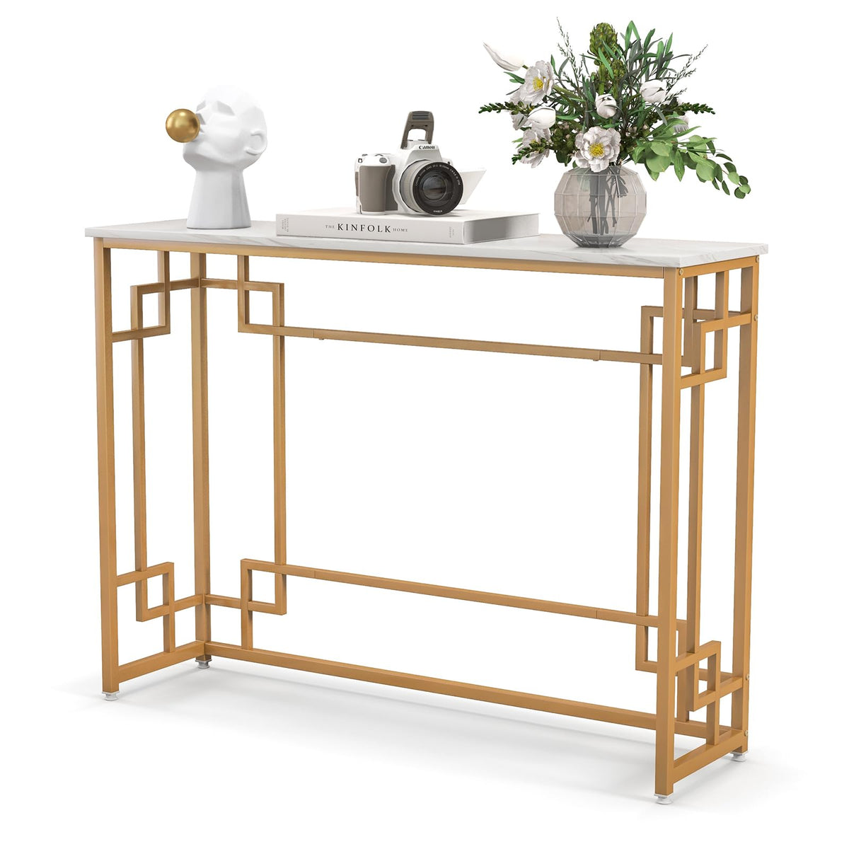 Giantex Modern Console Table, Narrow Entryway Table with Geometric Golden Frame & White Faux Marble Tabletop