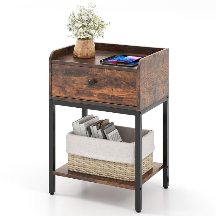 Giantex Bedside Table, Industrial Nightstand Sofa Side Table with Drawer and Open Storage Shelf