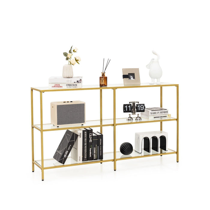 Giantex 3-Tier Glass Console Table, Narrow Long Sofa Side Table with Tempered Glass Shelves & Gold Steel Frame