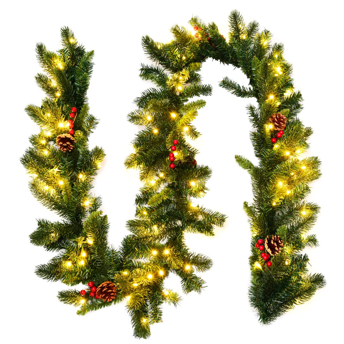 2.7m Pre-lit Christmas Pine Garland with 100 LED Lights and 200 Tips