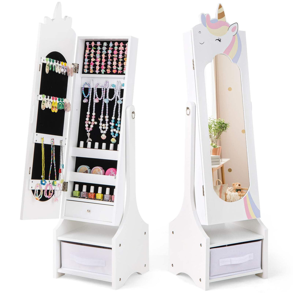 Kids Jewelry Cabinet with Full-Length Mirror and Foldable Drawer