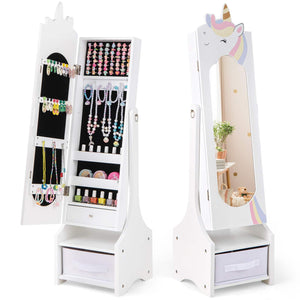 Kids Jewelry Cabinet with Full-Length Mirror and Foldable Drawer