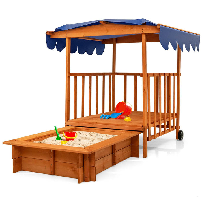 Kids Wooden Sandpit Children Play Station w/Playhouse Sandbox