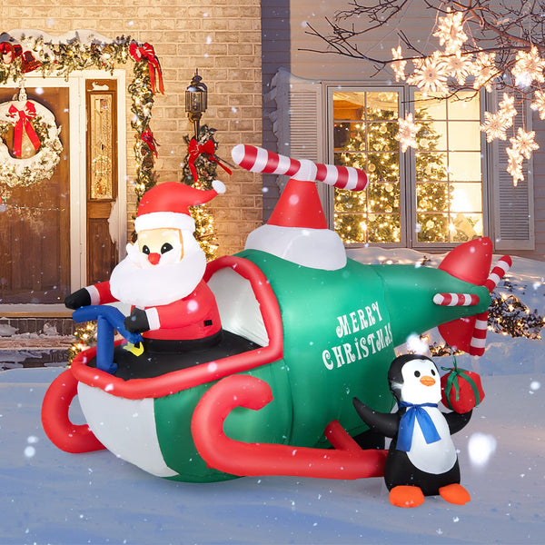 190CM Christmas Inflatable Santa Claus with Penguins on Helicopter