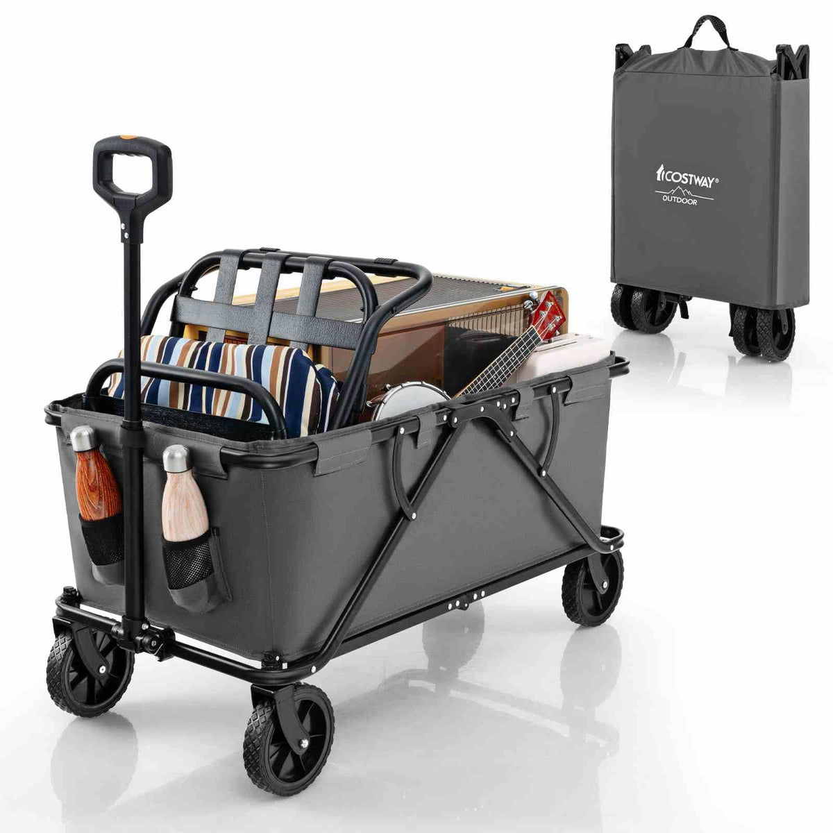 Heavy-Duty Wagon Cart with Adjustable Handlebar and Storage Pocket