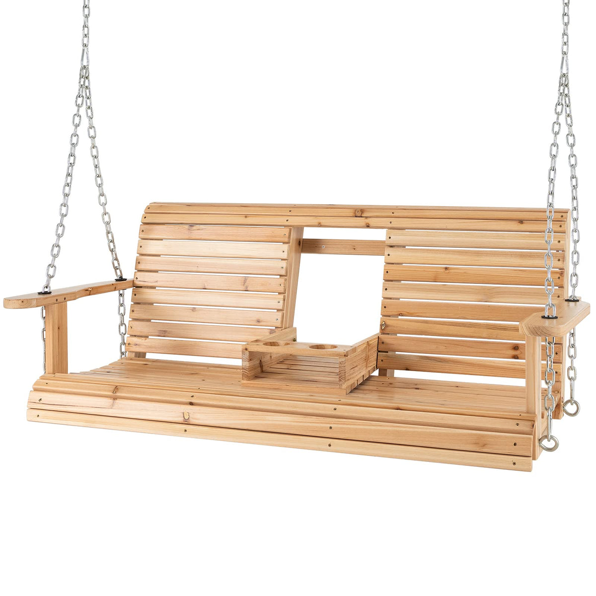 Hanging Porch Swing, 2-seat Wood Swing Bench W/Folding Cup Holder and Sturdy Metal Hanging Chains