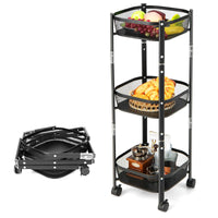 Giantex Foldable 3-Tier Utility Rolling Cart, One-Second Folding Metal Fruit Vegetable Storage Basket Stand with Wheels