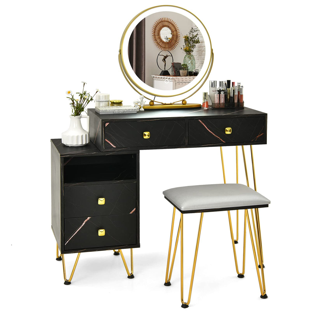 Giantex Makeup Vanity Set w/ Lighted Mirror, Modern Dressing Table with Storage Cabinet, Drawers, Cushioned Stool