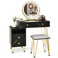 Giantex Makeup Vanity Set w/ Lighted Mirror, Modern Dressing Table with Storage Cabinet, Drawers, Cushioned Stool