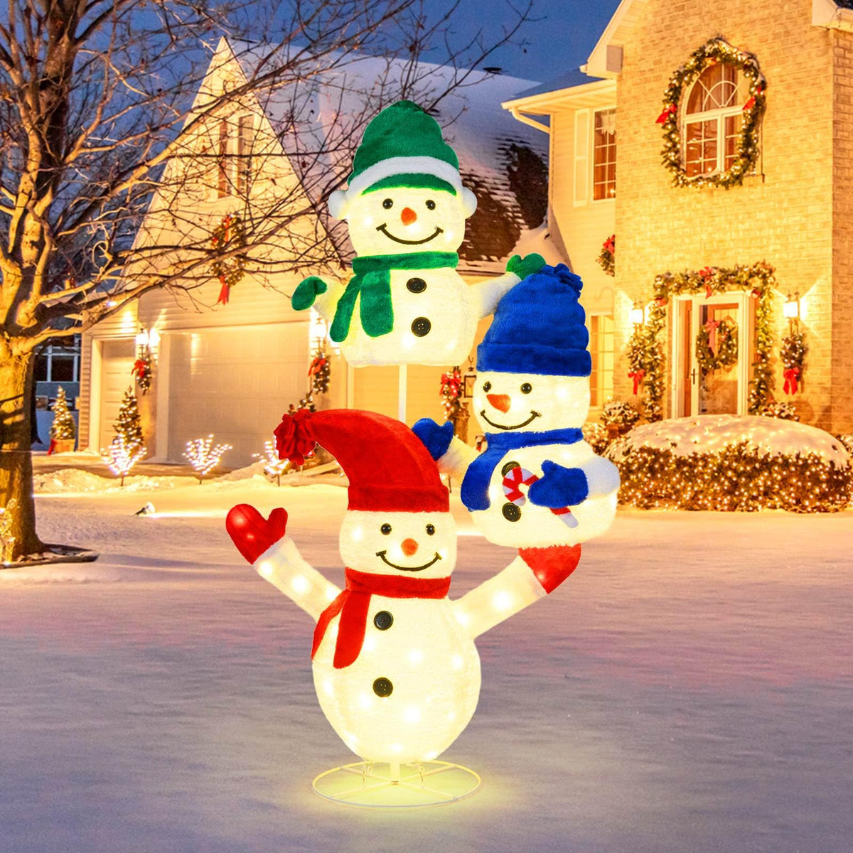 150cm Stacked Snowman Lighted Christmas Decoration, 3D Light-up Snowman with 110 LED Lights