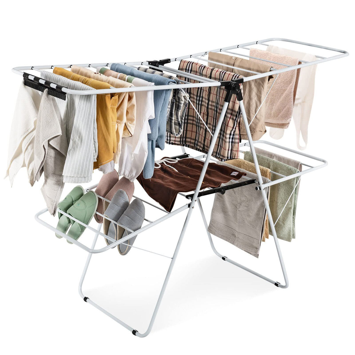 Giantex Foldable Clothes Drying Rack, 2-Level Garment Drying Hanger w/Adjustable Gullwing & Sock Clips