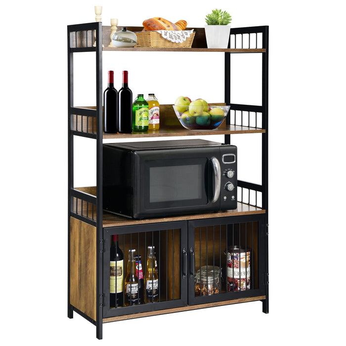 Giantex Industrial Baker’s Rack, 3-Tier Kitchen Microwave Oven Stand w/ 2 Door Storage Cabinet, Rustic Brown