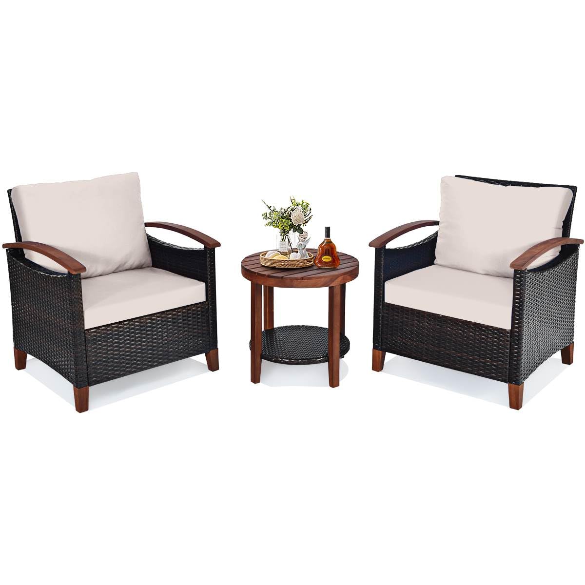 3 Piece Patio Sofa Set, 2 Rattan Chairs w/ 2-Tier Coffee Table