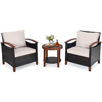3 Piece Patio Sofa Set, 2 Rattan Chairs w/ 2-Tier Coffee Table