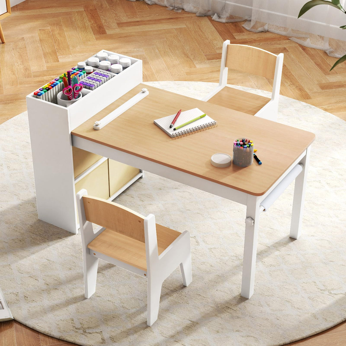 Wooden Kids Art Craft Study Table and Chairs Set with Paper Roll