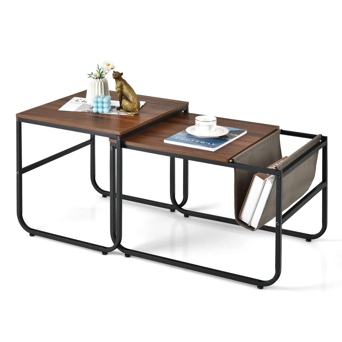 Giantex Nesting Coffee Table Set of 2, Stackable Side Table w/Magazine Holder, Rustic Brown