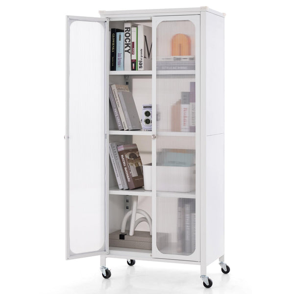 Giantex Glass Doors Storage Cabinet w/Wheels, Mobile 2 Doors Food Pantry Cupboard Cabinet