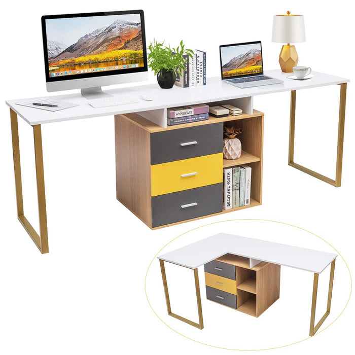 Reversible L-Shaped Computer Desk, 2-Person Double Dual Laptop Table, Corner Desk Study Gaming Workstation