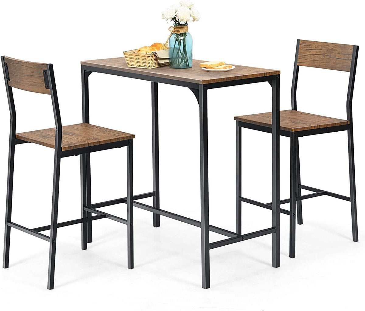 Giantex 3 Pieces Bar Table Set, Counter Height Bistro Table with 2 Stools, Rustic Brown & Black