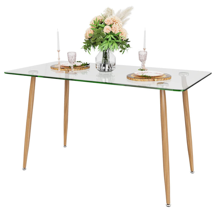 Giantex 129cm Modern Rectangle Glass Dining Table, Kitchen Glass Table W/Wood-Like Steel Legs