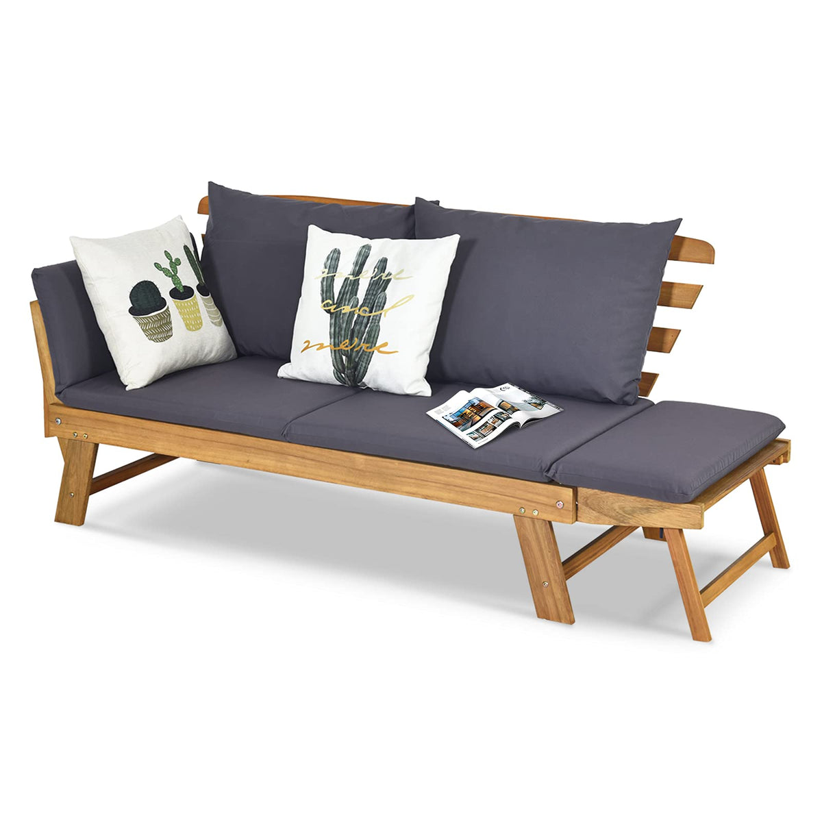 Outdoor Convertible Acacia Wood Daybed, Couch Sofa Bed w/Adjustable Armrest