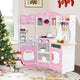 Corner Wooden Play Kitchen, 18 PCS Pretend Kitchen Playset w/Coffee Machine, Slide, Microwave, Oven