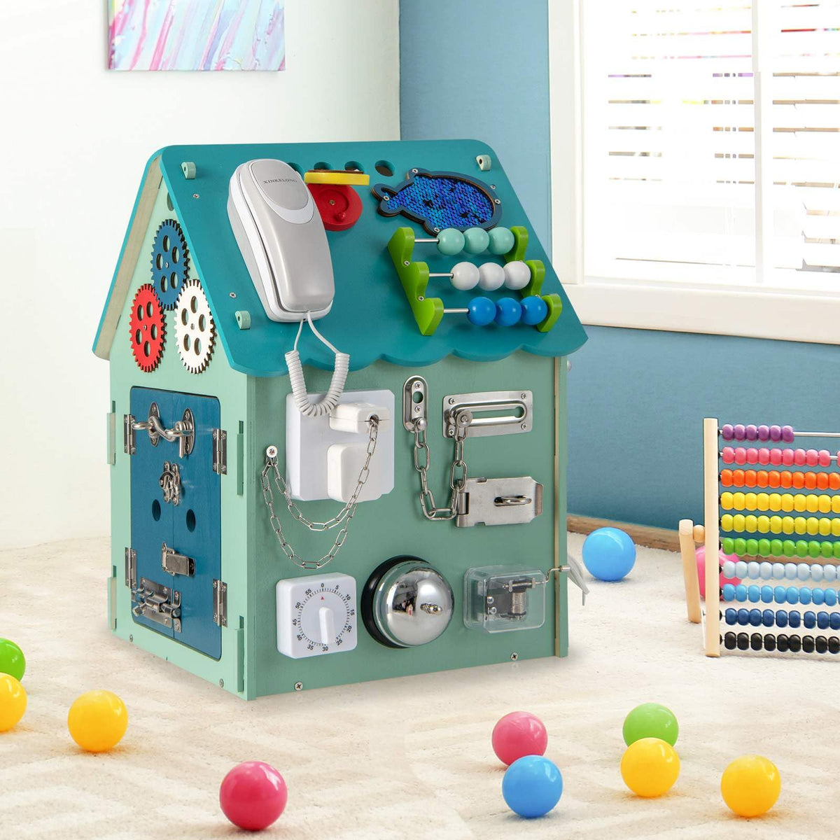 Busy House Kids Wooden Busy House Toy, Montessori Play House w/Sensory Games & In ...