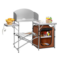 Outdoor Camping Table with Storage, Aluminium Folding Camp Kitchen with Windscreen