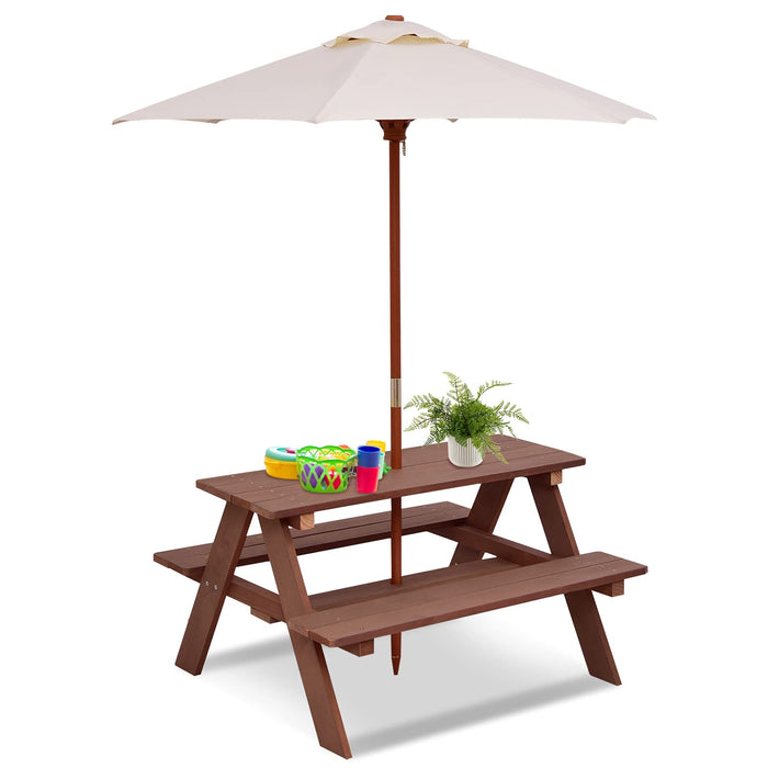 Kids Picnic Table, Wooden Table & Bench Set w/Removable & Foldable Umbrella, Toddler Patio Set for Backyard