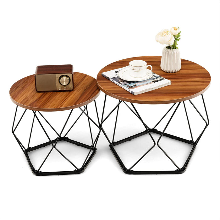Giantex Nesting Coffee Table, Circle Side End Table w/Pentagonal Steel Base & EVA Pads, Rustic Brown