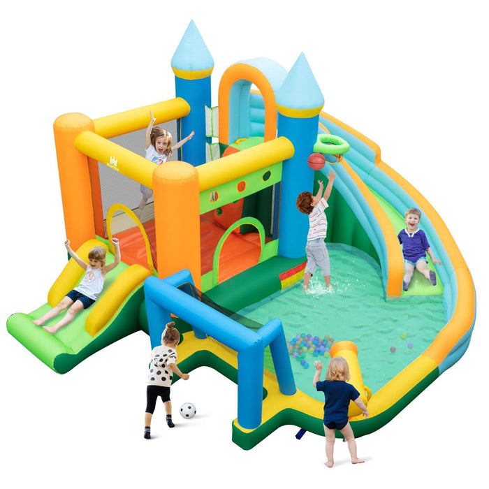 Inflatable Water Slide, Blowup Water Park w/Dual Slides, Splash Pool, Climbing Wall