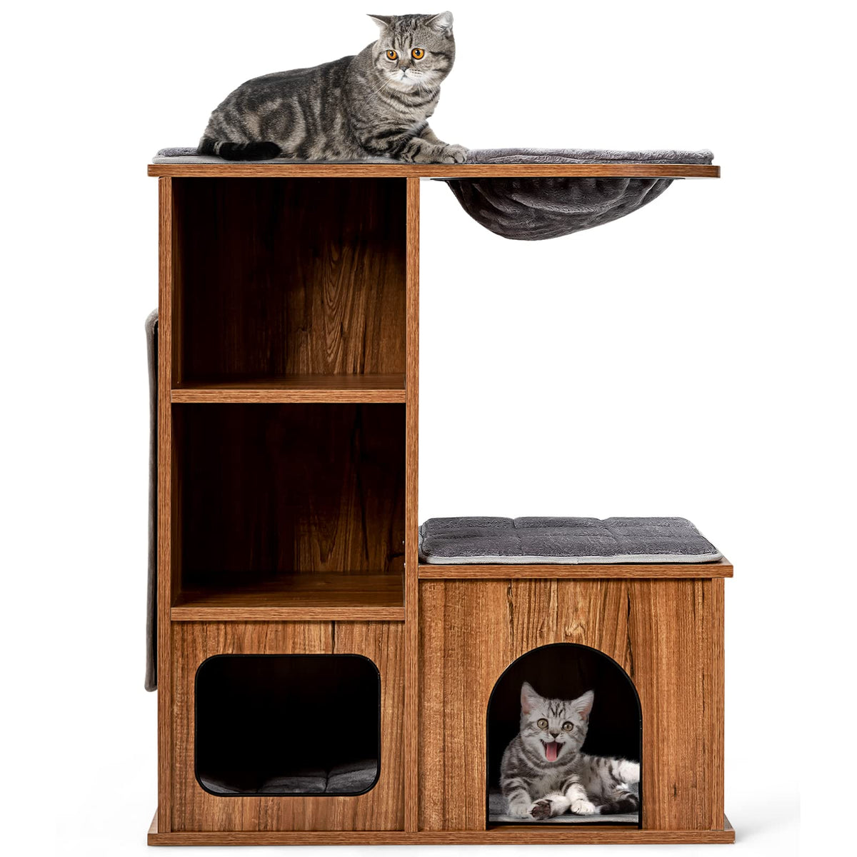 Giantex Stable Cat Tree, Climbing Tree with Sisal Scratching Mat & Plush Seat Hollows & Cave