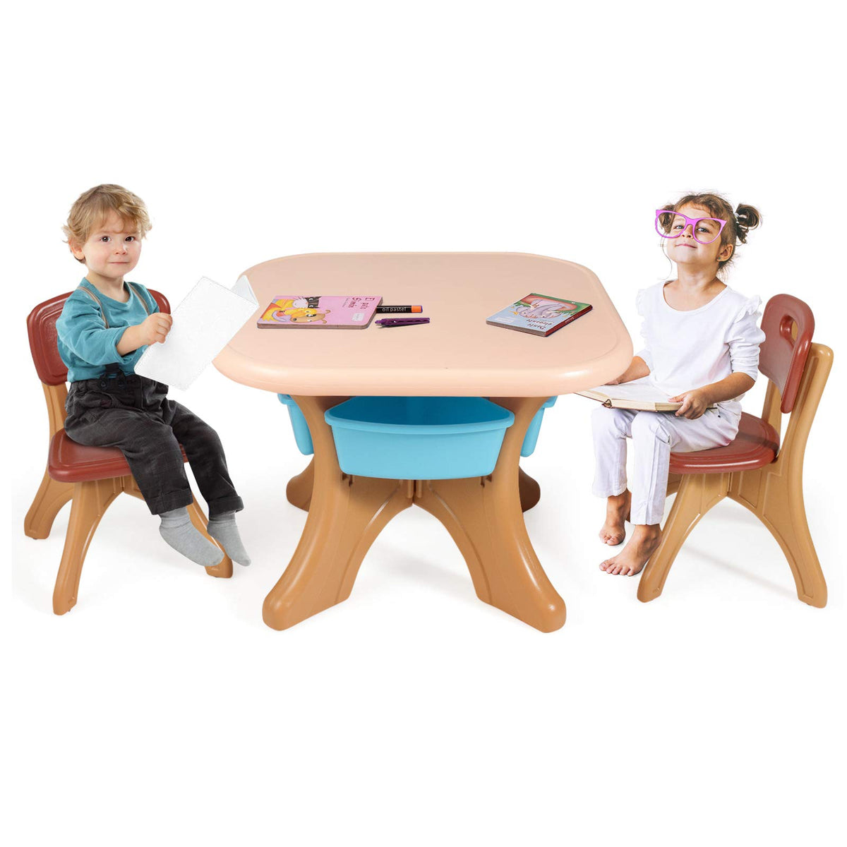 Kids Table Set, 3PCS w/ 1 Table & 2 Chairs & 4 Detachable Storage Boxes