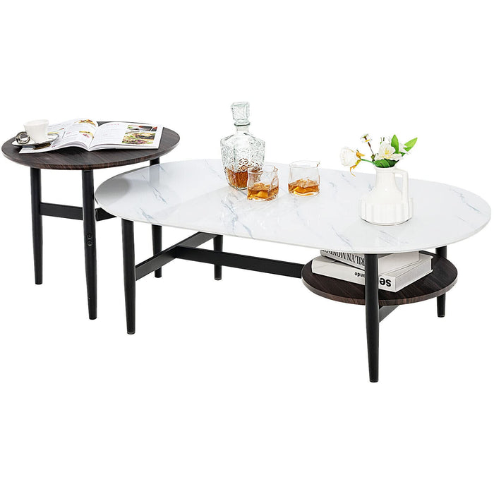 Giantex Nesting Coffee Table Set of 2, 2-in-1 Detachable Table Set, Faux Marble & Wood Top Coffee Table Set